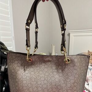 Calvin Klein Brown Monogram Tote with Gold Hardware